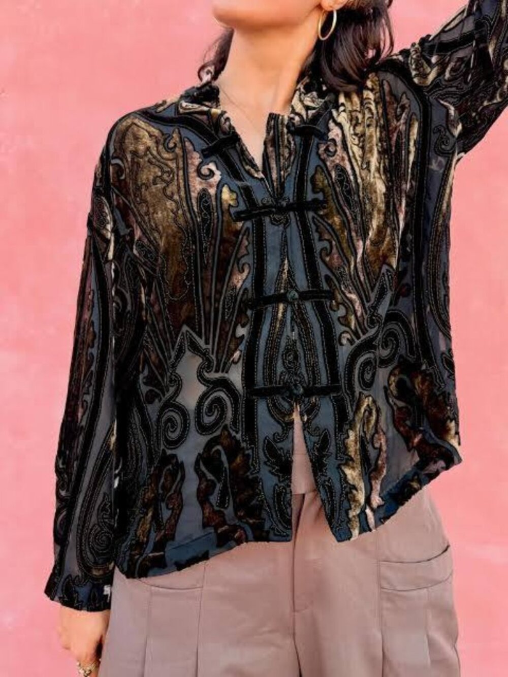 Vtg Chicos Velvet Burnout Silk Jacket Art Deco Black Gold Brocade Sheer Size XL